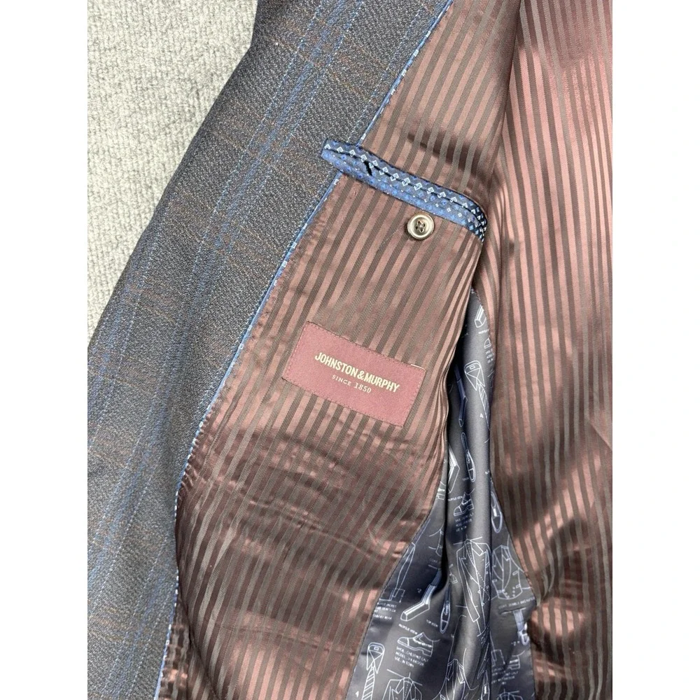 Johnston & Murphy Sport Coat Mens L Gray Blue Plaid 100% Wool Blazer Jacket